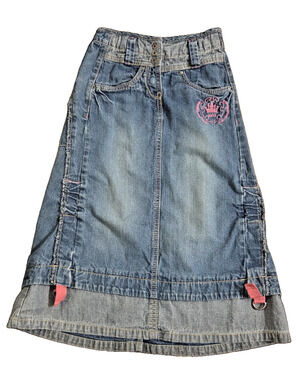 Mexx Girls Long Denim Maxi Skirt Size 6 Y2K Pink Embroidered Adjustable Waist